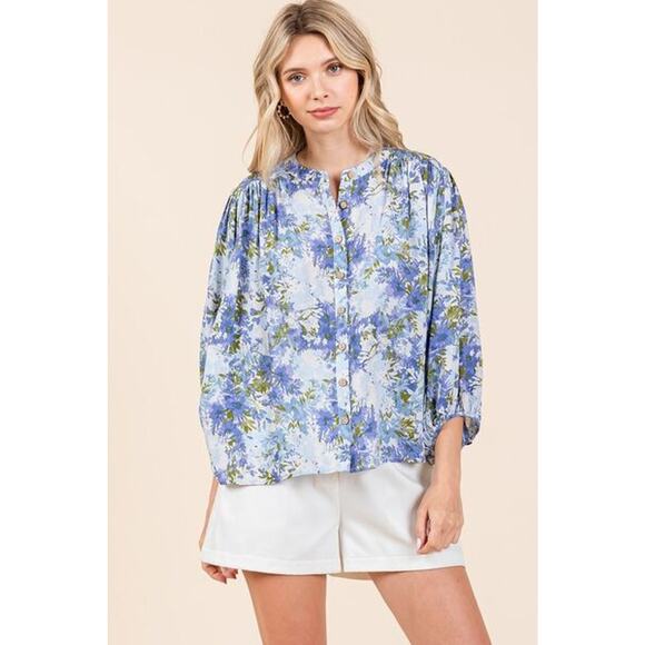 Mittoshop Flower Print Batwing Sleeves Button Down Relaxed Fit Blouse | Blue - Picture 6 of 7